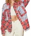 Pol Plaid Patchwork Long Sleeve Shirt With Raw Edge Detail In Scarlet In Orange