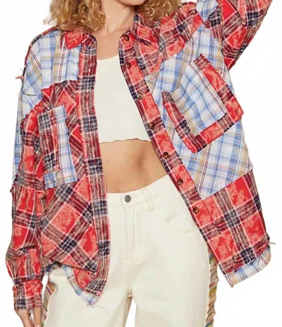 Pol Plaid Patchwork Long Sleeve Shirt With Raw Edge Detail In Scarlet In Orange