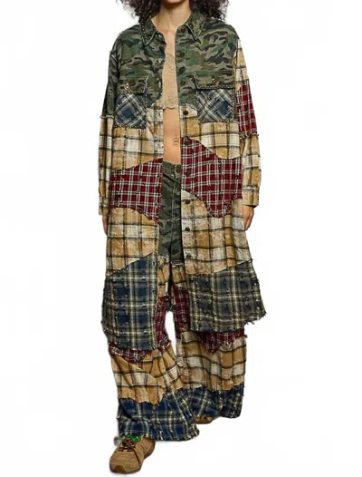 Pol Plaid Woven Varied Patchwork Maxi Shirt Jacket In Camo Multi