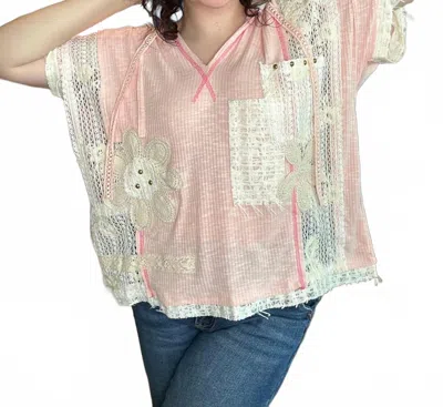 Pol Pointed Pattern Rib Hoodie Top In Blush In Multi