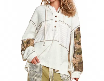 Pol Printed Camo Sleeve Elbow Patches Top In Cream In Multi