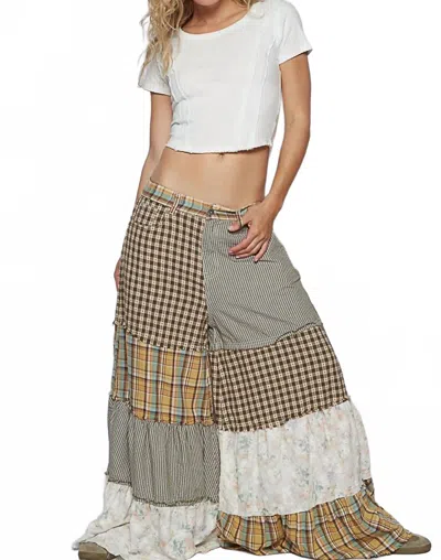 Pol Printed Patchwork Textured Palazzo Bottom In Olive Green In Multi