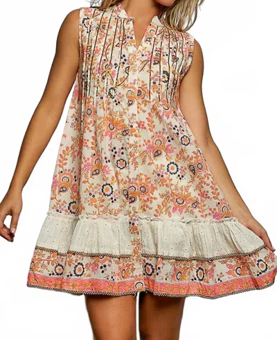 Pol Printed Pintuck Spangle Button Down Dress In Ivory/orange Multi