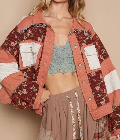 Pol Quilted Floral Jacquard Patch Jacket In Brick In Multi