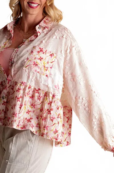 Pol Quinn Lace Button Down Top In White/ Pink