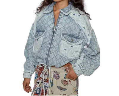 Pol Relaxed Fit Jacket With Quilting & Lace Accents In Denim In Blue