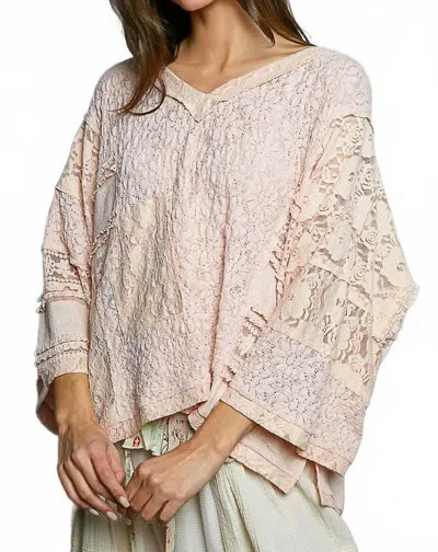Pol Romantic Lightweight V Neck Airy Lace Top In Pale Pink In Brown