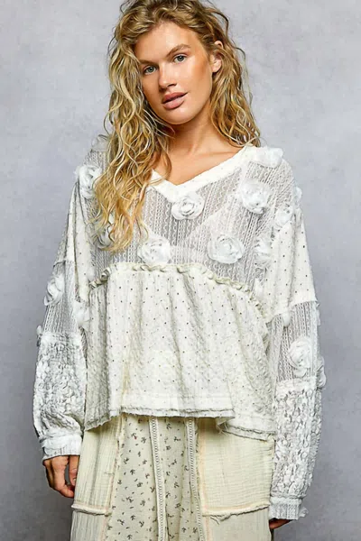 Pol Romantic Vintage Mixed Fabric Top In Ivory In Multi