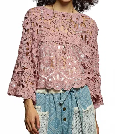 Pol Round Neck Crochet Cropped Top In Rose Pink