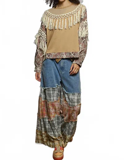 Pol Round Neck French Terry Embroidered Sleeve Contrast Top In Mocha In Multi