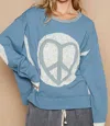 Pol Round Neck Long Sleeve Thermal Knit Patch Top In Ocean Blue In Blue