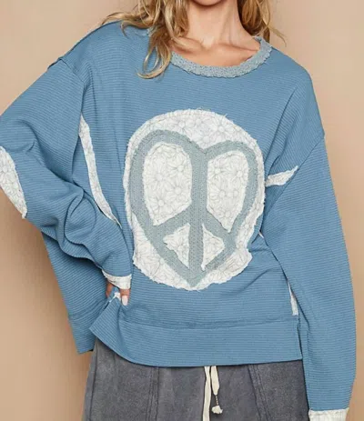Pol Round Neck Long Sleeve Thermal Knit Patch Top In Ocean Blue