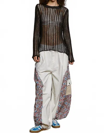 Pol Round Neck Open-knit Long Sleeve Thin Sweater Top In Charcoal In Multi