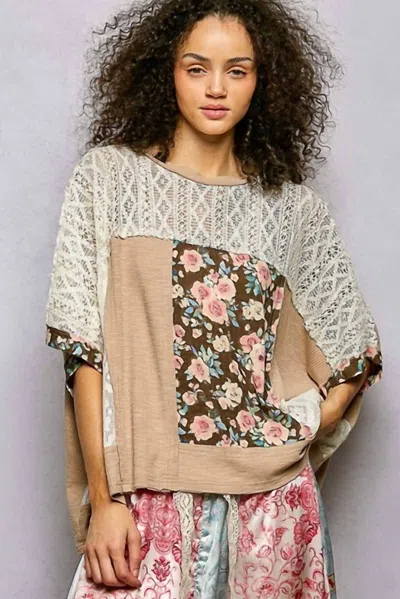 Pol Round Neck Raw Edge Floral Knit Rib Top In Dried Taupe In Multi