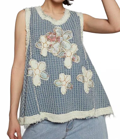Pol Round Neck Sleeveless Flower Patch Top In Denim In Blue