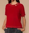 POL ROUND NECK WITH GOLD BUTTON DETAIL SWEATER IN RUBY