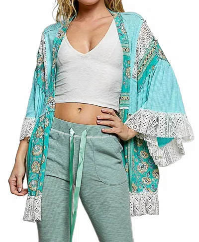 Pol Ruffle Sleeve Open Relaxed Fit Cardigan In Aqua In Blue