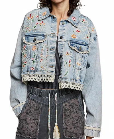 Pol Shakira Beaded Boho Eyelet Lace Trim Crop Denim Swing Jacket In Blue