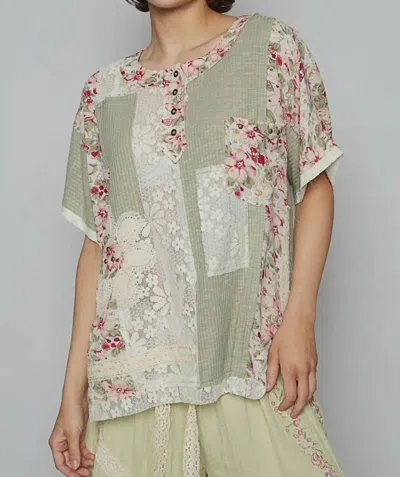 Pol Sheer Strip Floral Patch Oversize Top In Mint Green In Multi