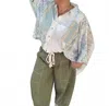 Pol Short Sleeve Oversized Button Down Top In Multi In Blue
