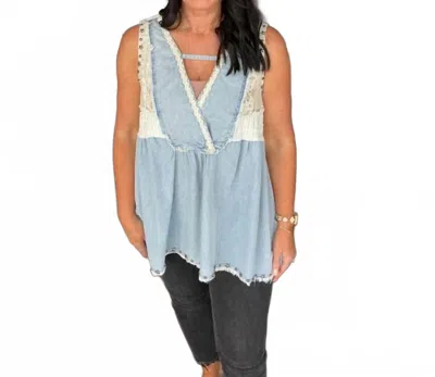 Pol Sleeveless Boho Studded Trim Top In Denim Ivory Mix In Blue