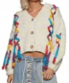 Pol Soft Chenille Style Textured Cardigan With Multi Colored Tie In White In Multi