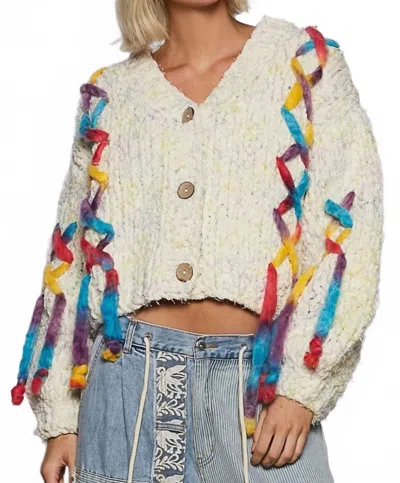 Pol Soft Chenille Style Textured Cardigan With Multi Colored Tie In White