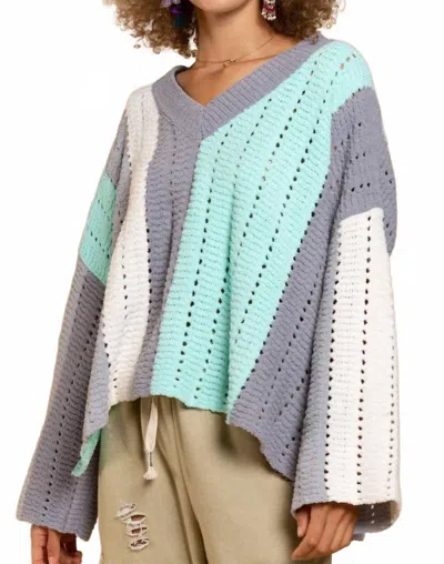 Pol Soft Striped V-neck In Grey/mint In Multi
