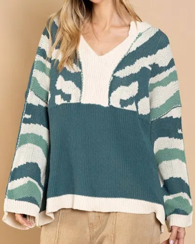 Pol Solid Color Block & Camo Sweater In Multi In Blue