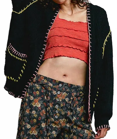 Pol Solid Pattern Blanket Stitch Open Cardigan In Black