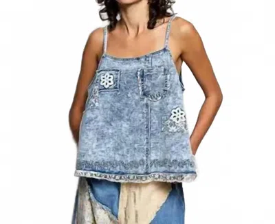 Pol Square Neck Lace Crochet Top In Denim In Blue