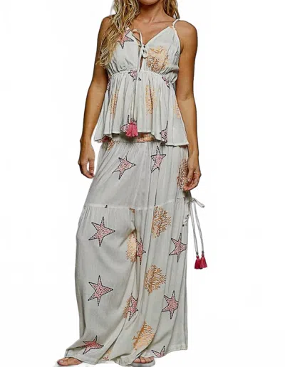 Pol Star Embroidery Tassel Pocket Wide Leg Pants In Ivory In Multi
