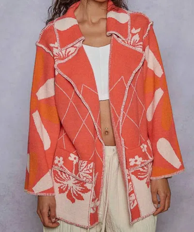 Pol Stitch Detail Floral Collared Relaxed Fit Cardigan In Coral Red In Pink