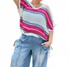 Pol Stripe Crochet Oversized Top In Raspberry/navy In Multi