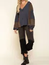 Pol Stud Detail Balloon Sleeve Top In Charcoal
