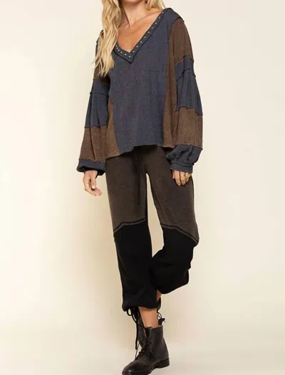 Pol Stud Detail Balloon Sleeve Top In Charcoal In Gray
