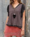 Pol Studded Flutter Sleeve T-shirt In Stone Black In Multi
