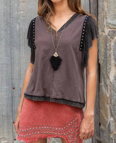 Pol Studded Flutter Sleeve T-shirt In Stone Black In Multi