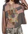 Pol Terry Printed Flower Patch Knit Hoodie Top In Multi Brown/grey In Multi