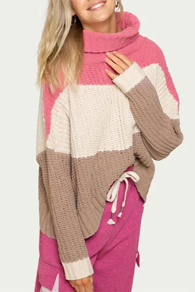 Pol Textured Colorblock Turtleneck Sweater In Bubblegum Pink Multi