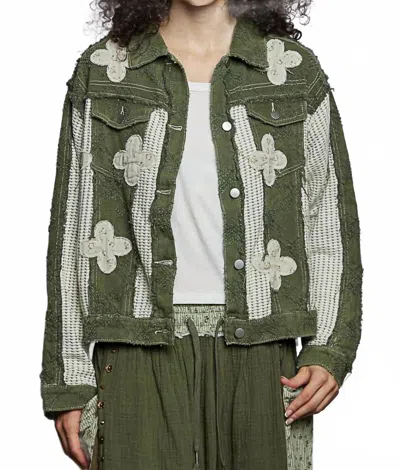 Pol Textured Twill And Floral Patch Jacket In Green