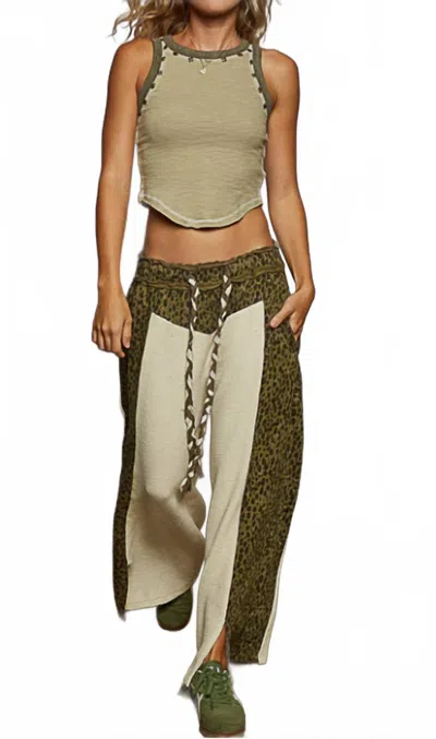 Pol Thermal With Animal Printed Pants In Cream Olive In Green