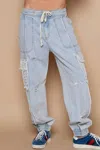 Pol Patchwork Detail Denim Ankle Pants In Light Wash In Blue
