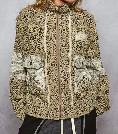 Pol Twill Zipper Jacket In Tan Leopard In Animal Print
