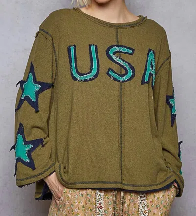 Pol Usa And Star Top In Olive In Green