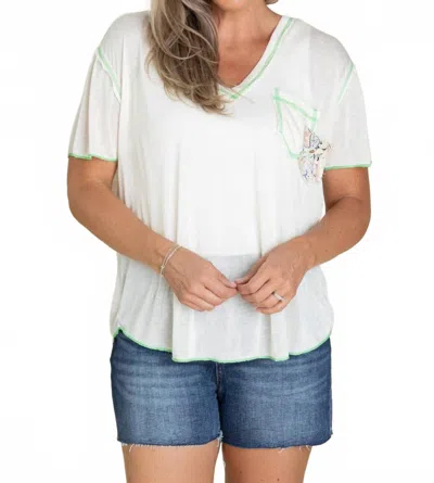 Pol V-neck Contrast Seam Mixed Print Top In Soft Cream In White