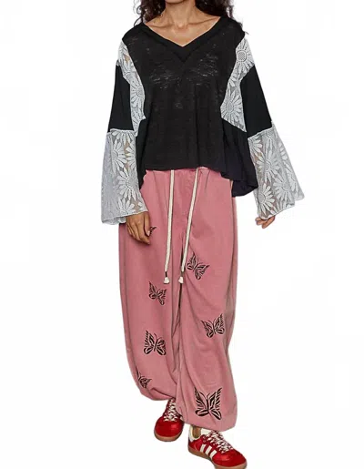 Pol V-neck Flare Sleeve Lace Top In Black