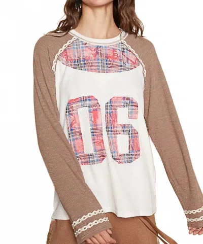 Pol Varsity Waffle Knit Top In Chocolate In White