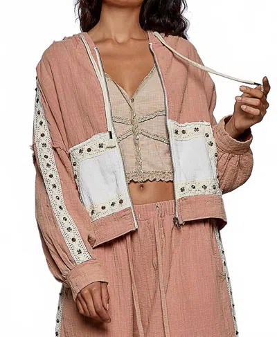Pol Vintage Hoodie Jacket Top With Stud Trim In Blush Pink