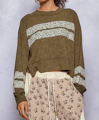 Pol Vintage Patched Long Sleeve Top In Olive In Green
